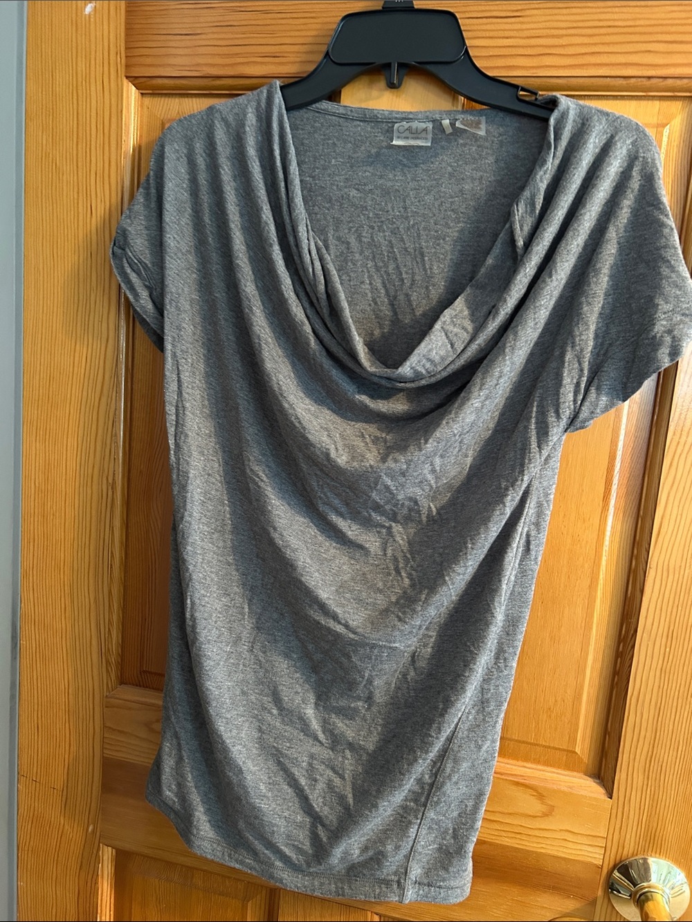 CALIA by Carrie Underwood Gray Draped Cowl Neck Short Sleeve Tee